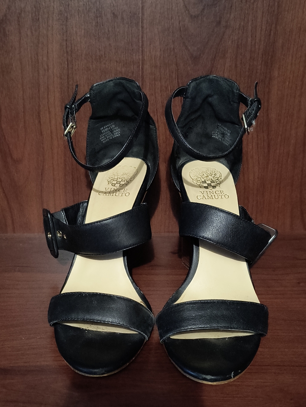 Vince Camuto Black Leather Open-Toe Ankle-Strap Heels